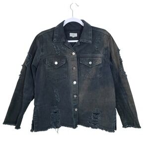 Black Distressed Denim Jacket M Faded Raw Hem Goth Grunge Indie Sleaze Alt Punk